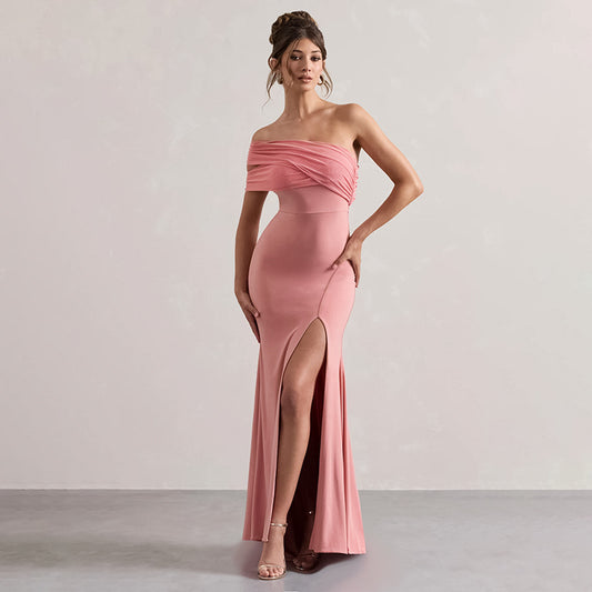 Robe sexy fendue à épaules dénudées et coutures en maille pour femme