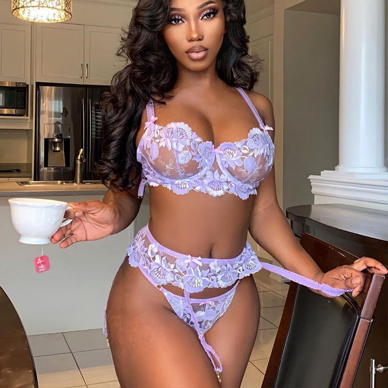 Hollow Out Cutout Floral Embroidery Lace Three-Point Garter Sexy Suit Three-Piece Set