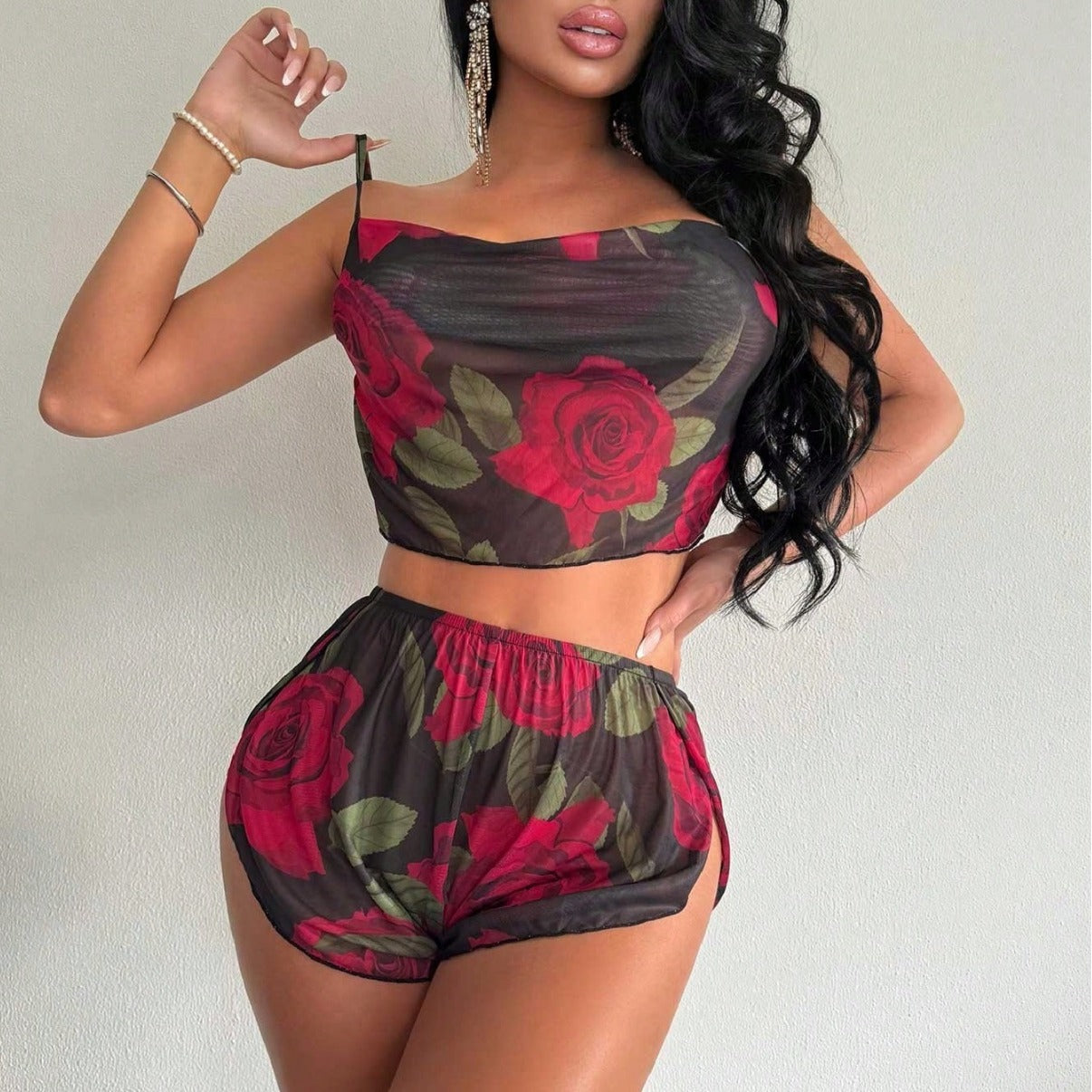 Traje de baño Bikini dividido Traje de baño Mujer Bikin Estampado de rosas Dos piezas Sling