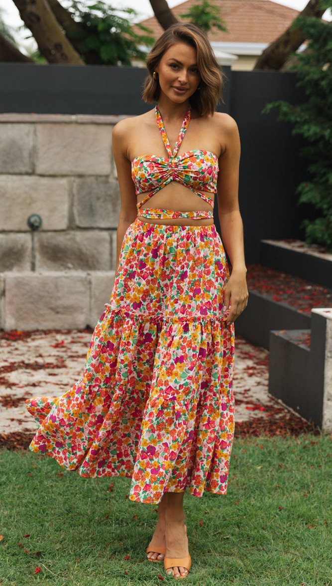 Spring Summer Sexy Halterneck Printed Tied Top Large Swing Dress for Women Floral Burst