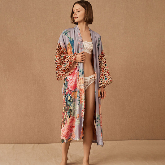 Peacock Positioning Printed Sunscreen Cardigan Seaside Vacation Baggy Coat Beach Cover Up Swimsuit Outwear Women