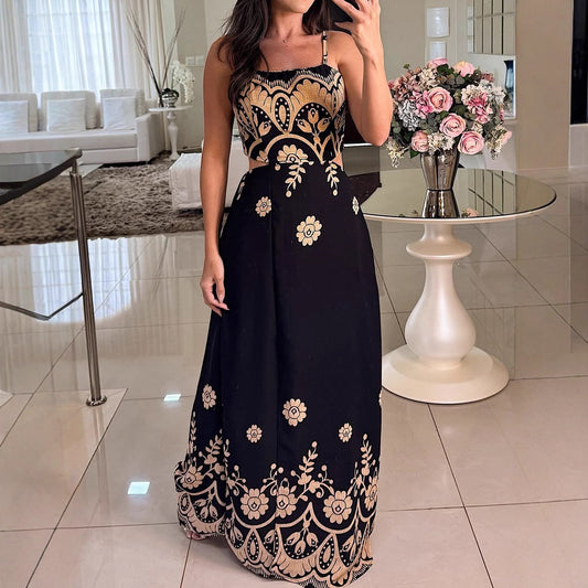 Women Elegant Graceful Spaghetti Strap Vintage Pattern Printing Dress