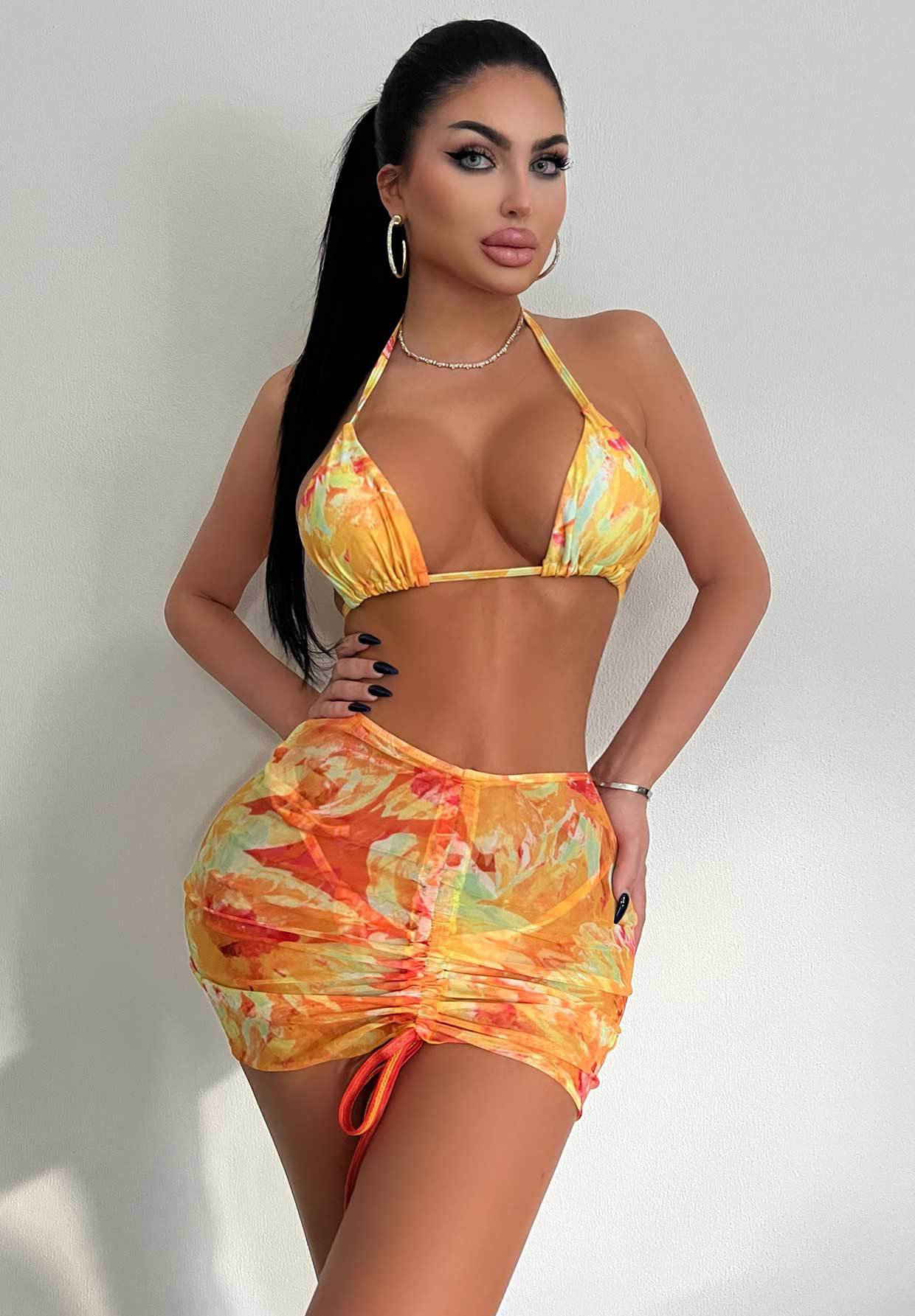 Traje de baño de tres piezas, estampado sexy, con encaje, falda a la cadera, bikini