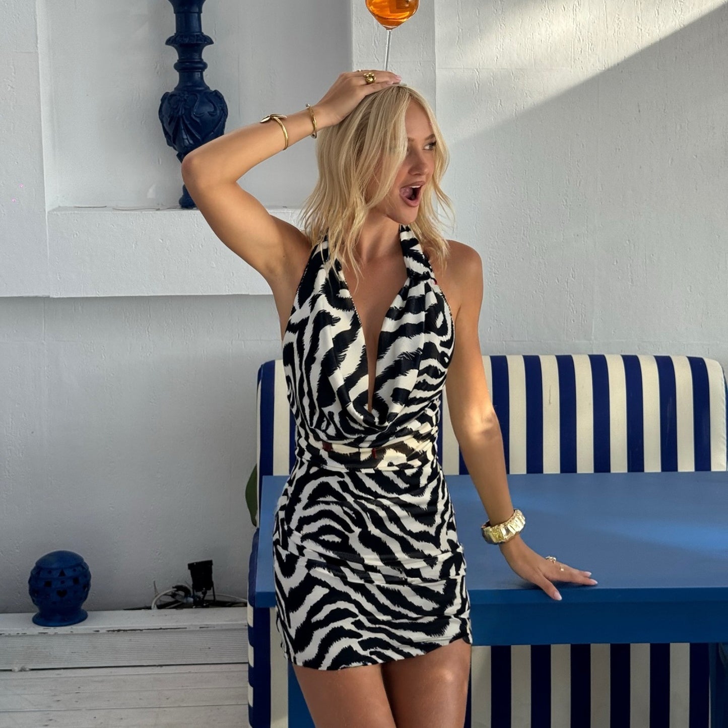 Women Clothing Autumn Sexy Halter Swing Collar Personality Zebra Pattern Sexy Hip Bag Dress Women