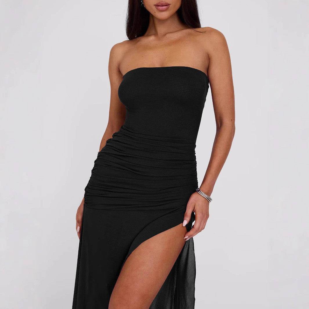 Vestido asimétrico irregular de malla con retazos ajustados sin espalda y top de tubo sexy de verano para mujer