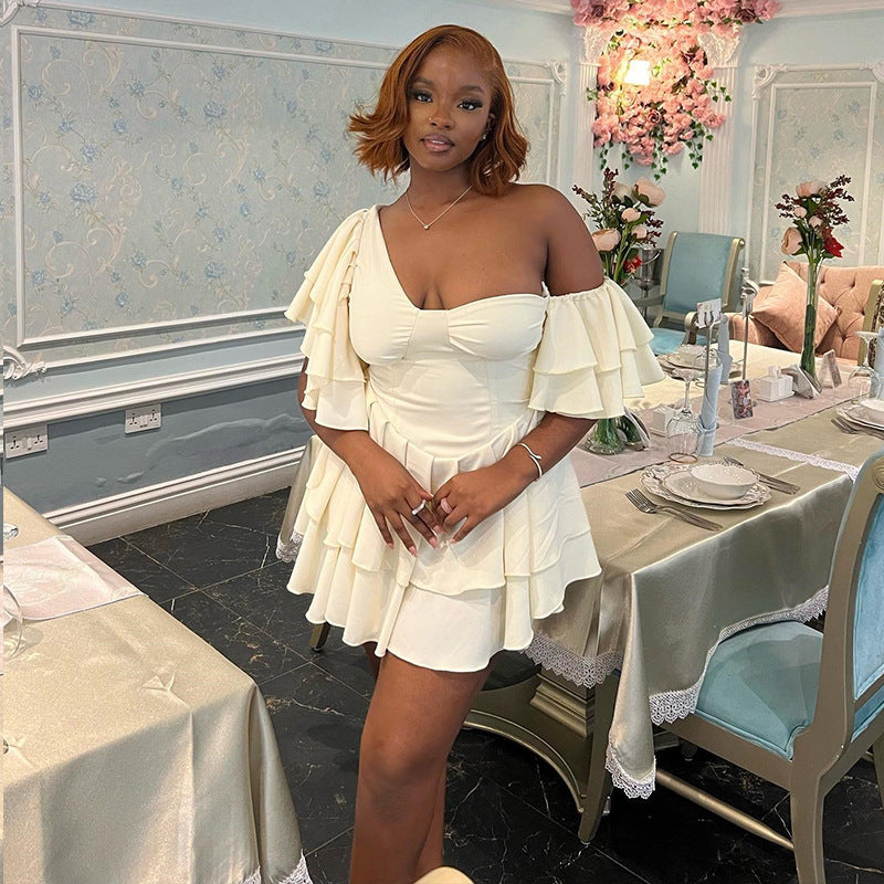 Solid Color Pleated Ruffle Sleeve Dress Irregular Asymmetric Diagonal Collar Tiered Dress Pullover Street Hipster Dress for Women