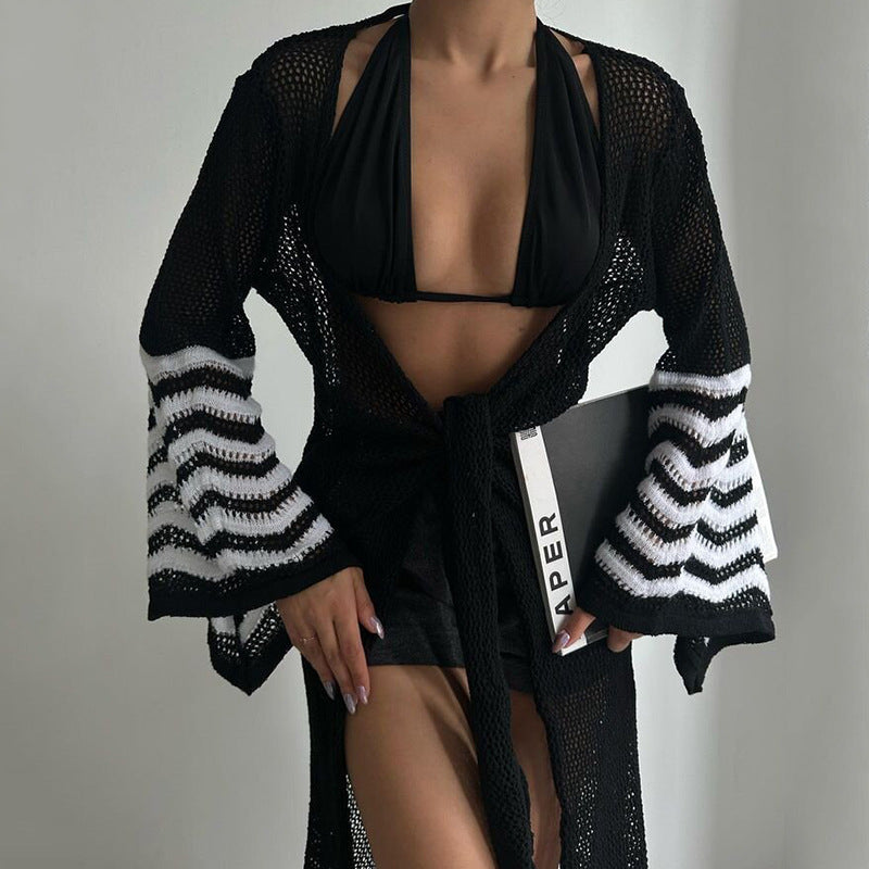 Summer Vacation Beach Dress Sexy Knitting Bikini Smock Dress Lace Up Bell Sleeve Dress Women
