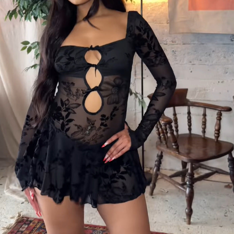 Sexy See through Hollow Out Cutout Flocking Women Sexy Slim Hip Dress