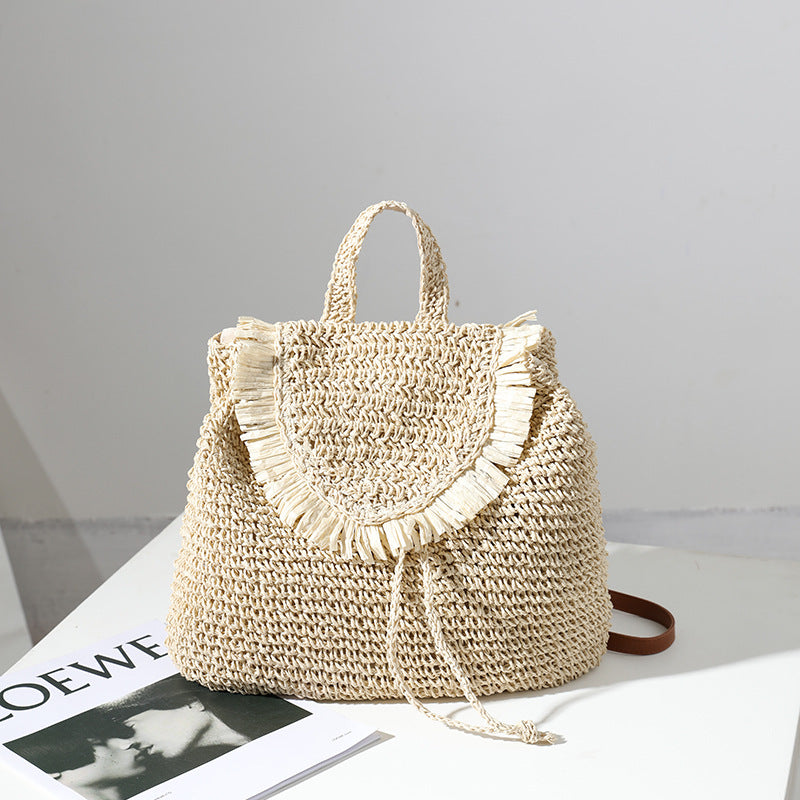 Sac à dos en paille style Mori, sac décontracté en paille à pompon, sac tissé pour femme, même sac de plage pour vacances en bord de mer