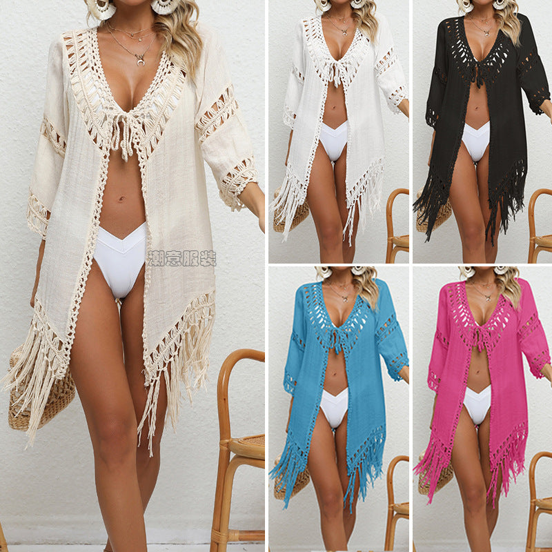 Solid Color Crochet Stitching Beach Sun Protection Cardigan Tassel Lace up Short Sexy Blouse