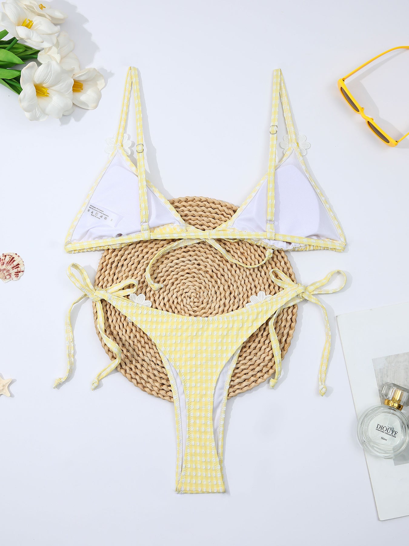 Fresh Yellow Plaid Daisy Split Bikini Swimsuit CSC