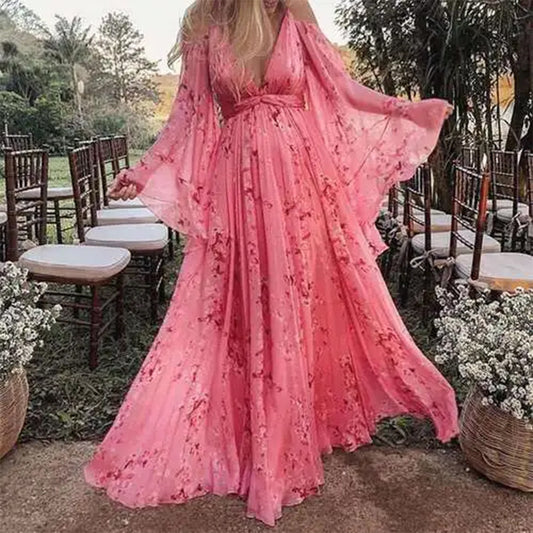 Suspender Deep V Plunge neck Printed Sexy Batwing Sleeve Pleated Mop Dress Maternity Dress Upper Lower Lining