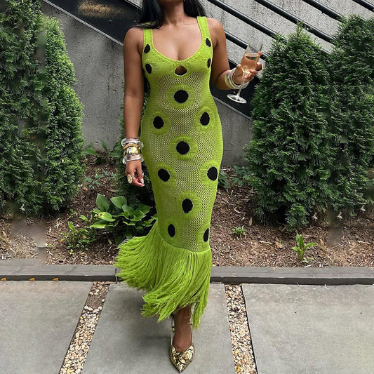 Autumn Sexy Hip Knitwear Dress Black Polka Dot Dress Swing Tassel Dress