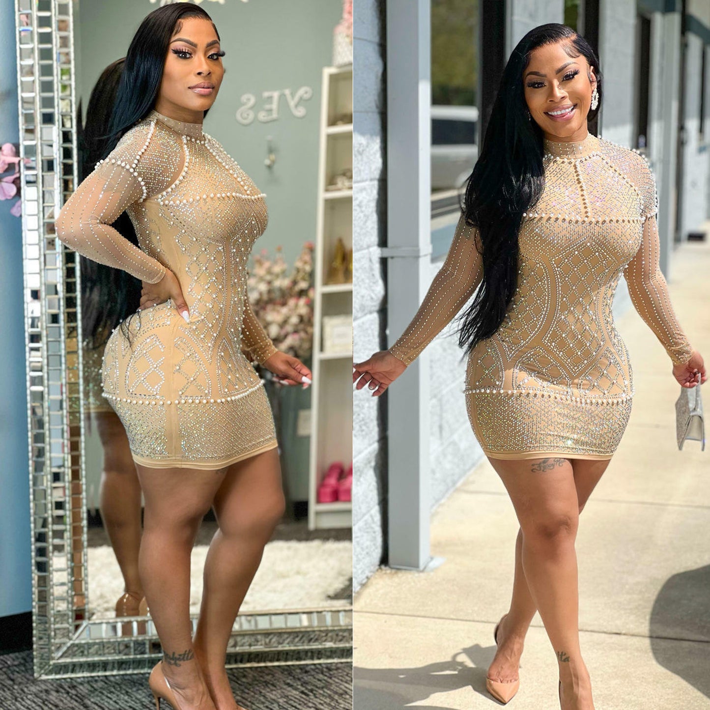 Summer Women Clothing Sexy Mesh Nightclub Rhinestone Long Sleeve Beaded Dress