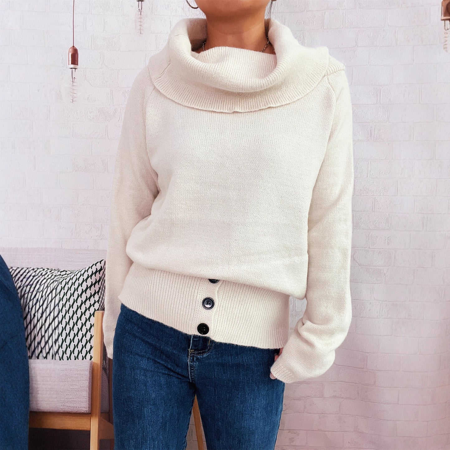 Autumn Winter Retro Office Minimalist Turtleneck Slim Knit Pullover Solid Color Striped Sweater