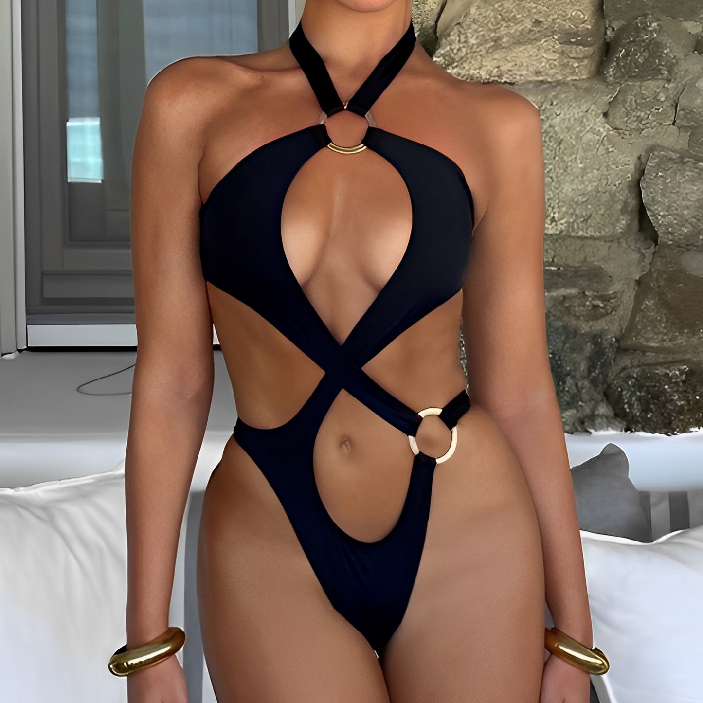Traje de baño de bikini sexy de color sólido con aberturas y cortes, traje de baño siamés