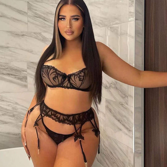 Sexy Black Transparent Mesh Lace Garter Three Piece Set