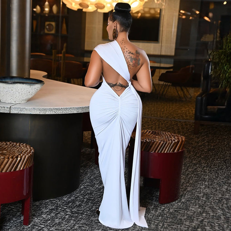 Women Clothing Tied Slim Fit Design Slimming Hip Pleated Diagonal Collar Shoulder Solid Color Length Dress