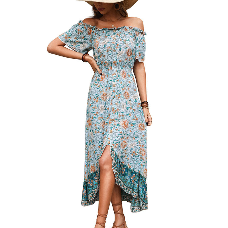 Arrival Summer Floral Blue off-Neck French Retro Dress HUNDRED