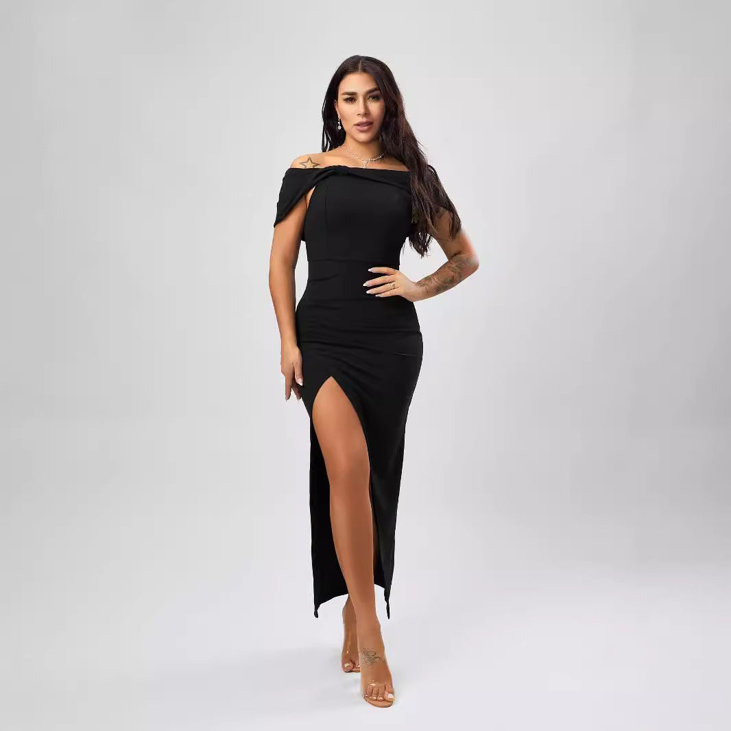 Robe longue d'automne couleur unie col nu moulante robe fendue sexy