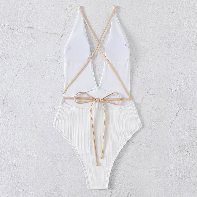 Maillot de bain une pièce à séchage rapide, couleur unie, col en V, dos nu, bikini, pour femmes