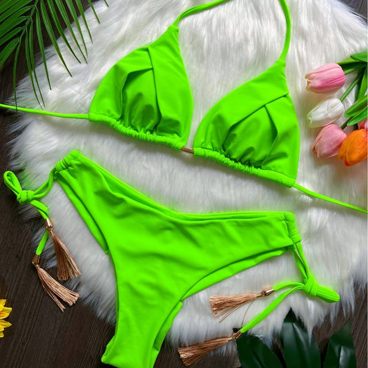 Maillot de bain bikini imprimé à pompons pour femme, maillot de bain sexy pour la plage
