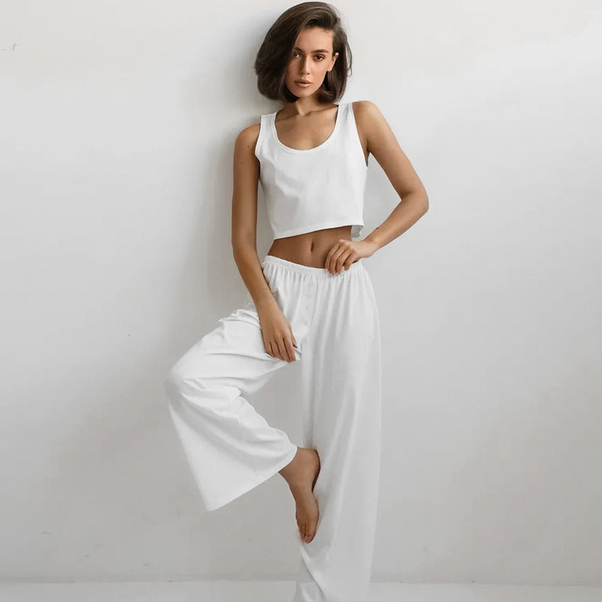 Conjunto de dos piezas de pijama de punto para mujer, chaleco sin mangas y pantalones, para el hogar, primavera y verano