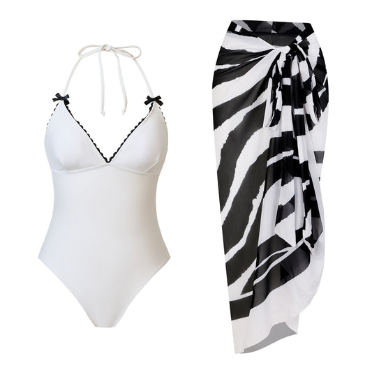 Maillot de bain une pièce pour femme, ensemble deux pièces sexy, noir et blanc, en mousseline de soie