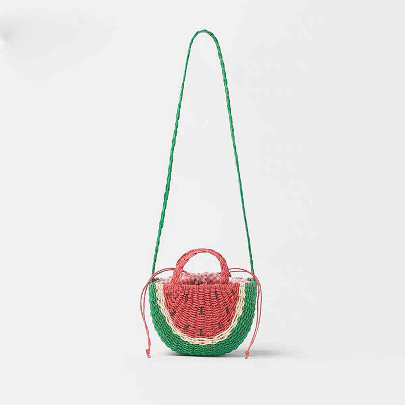Lindo bolso de paja con diseño de sandía, bolso bandolera de paja con bordado fresco, bolso tejido, bolso de playa para vacaciones en la playa.