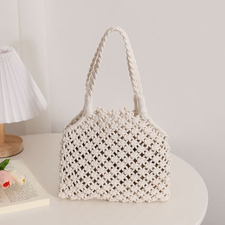 Bolso tejido de hilo de algodón con recortes huecos, bolso de verano para mujer con cordón de algodón, bolso de paja portátil de color sólido, bolso de playa para vacaciones