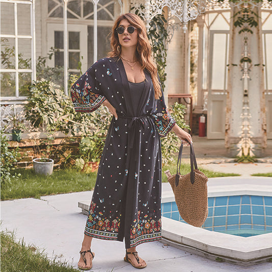 Cárdigan largo playero con estampado de rayón para mujer, protector solar para vacaciones, para cubrir bikini