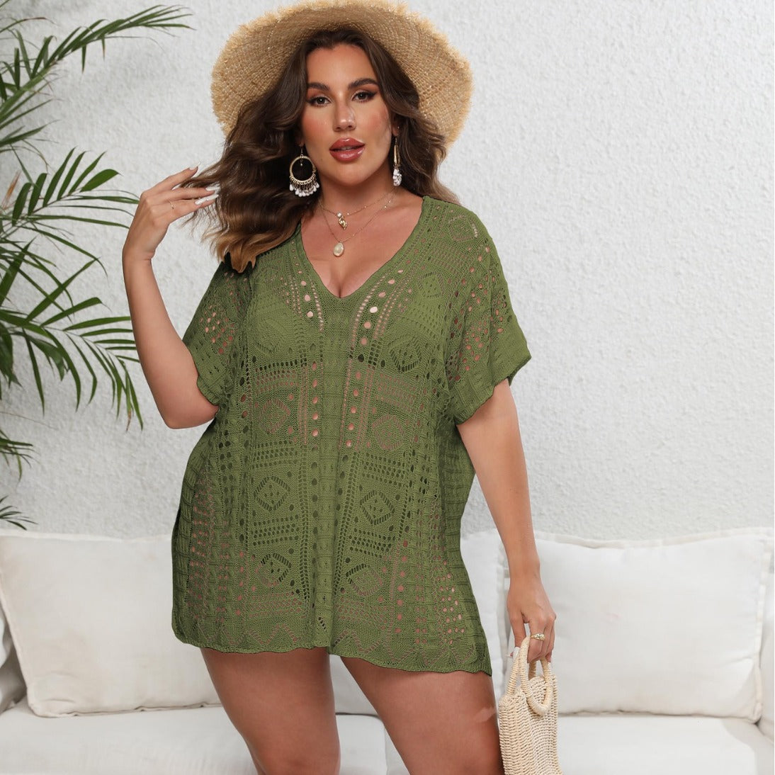 Women Beach Cover Up Women Clothes Woven Shirt Hollow Out Cutout Deep V Plunge Beach Dress