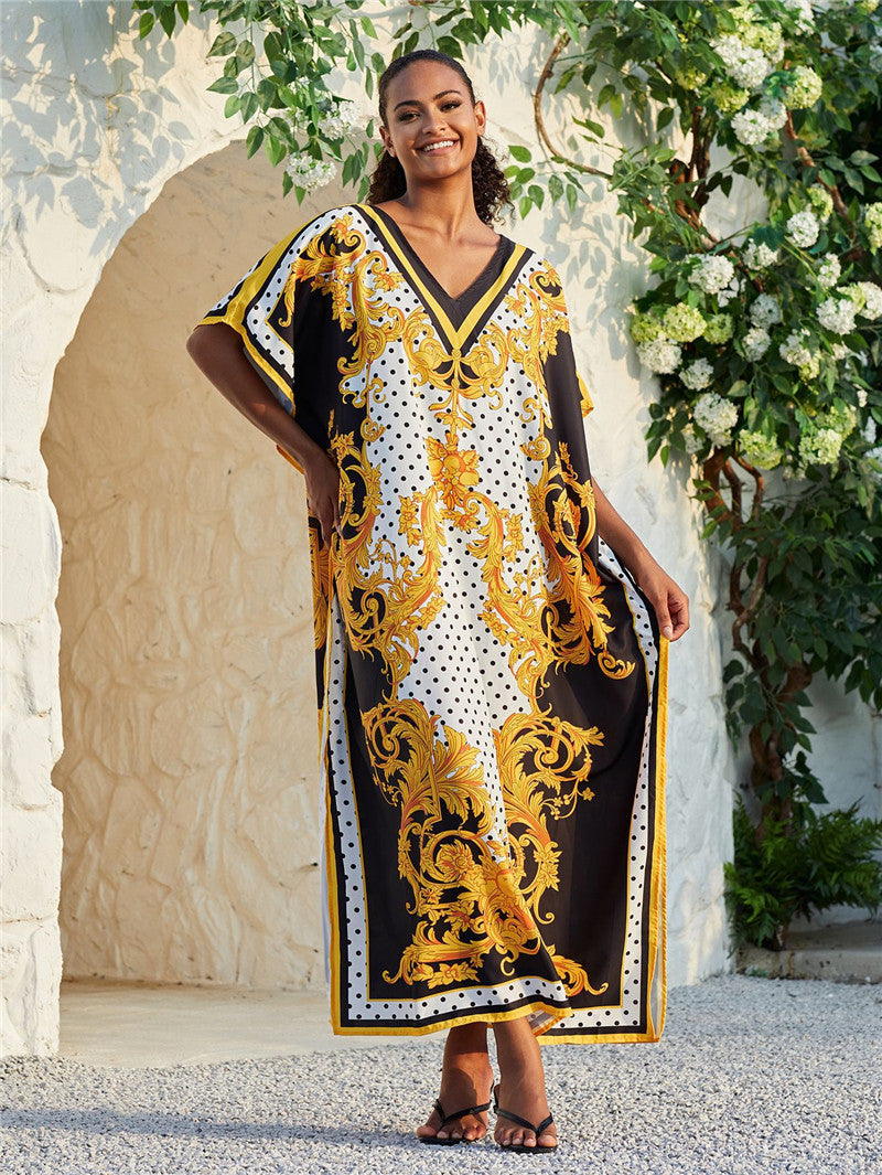 Black Background with Yellow Print V-neck