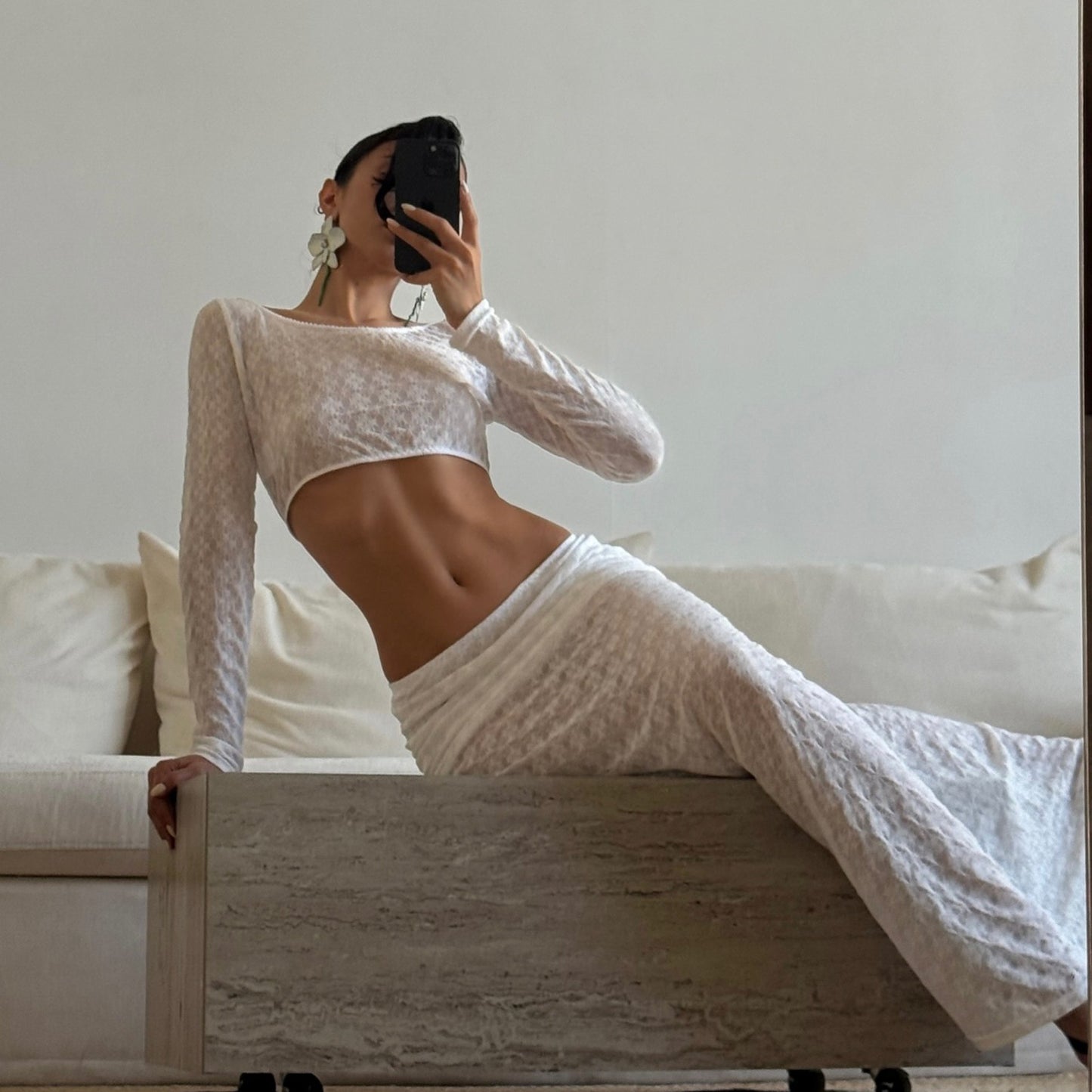 Women Clothing Autumn Sexy round Neck Cropped Long Sleeve Top Low Waist Skirt Set