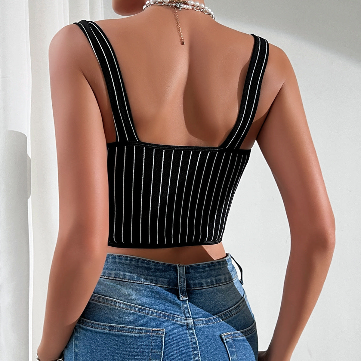 Women Clothing Sexy Low Cut Sexy Leopard Lace Backless Suspender Stripes Steel Ring Vest