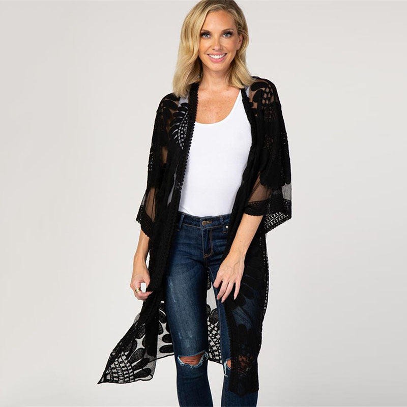 Lace Sunfower Embroidered Beach Cover-up Sexy Cardigan Outer Sunscreen Beach Cover Up