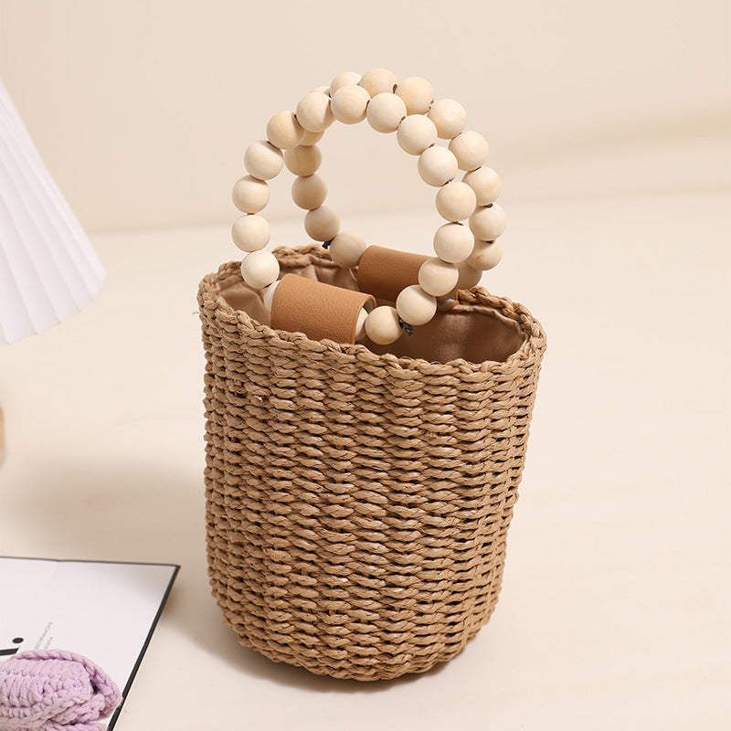 Cute Beaded Portable Straw Weaved Bag Bucket Hand Carrying Straw Bag Woven Bag Vacation Beach Bag Women