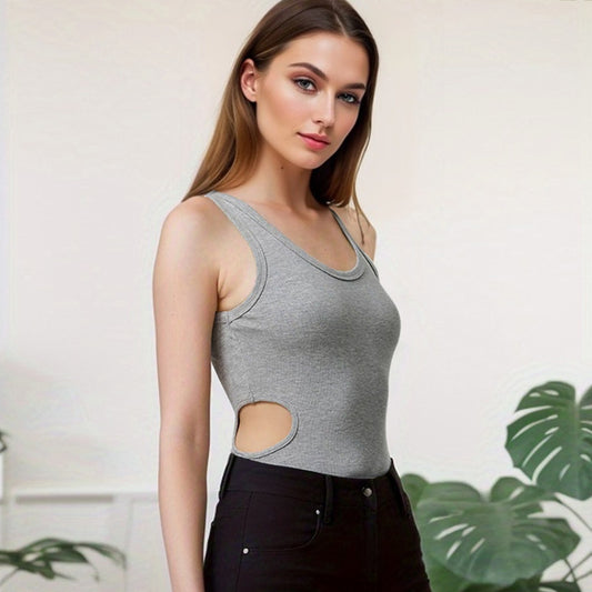 Autumn Winter Women Sexy Slim Fit U Collar Waist Hollow Out Cutout-out Rayon Rib Jumpsuit Women