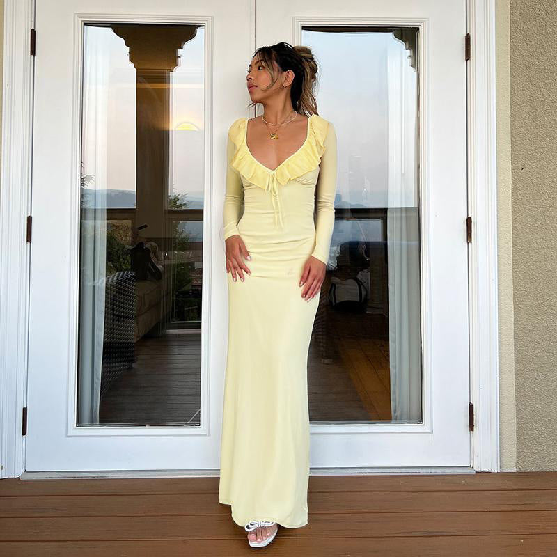 Sexy Ruffled Long Sleeve Slim Stretch Dress Autumn Type Hip Dress