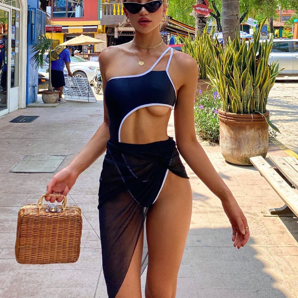 Traje de baño de una pieza Bikini para mujer Traje de baño de color sólido Conjunto de dos piezas de malla Traje de baño