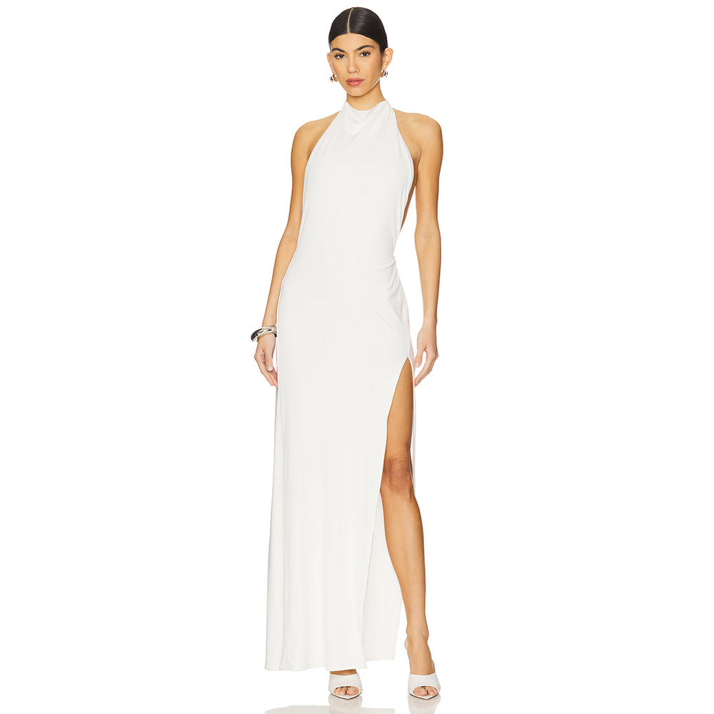 Hollowed out Halter Backless High Bifurcated Rivet Diamond Women Clothing Solid Color Dress