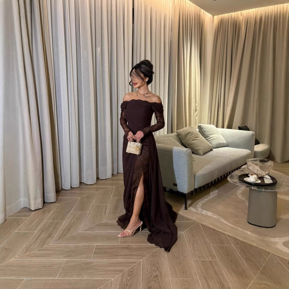 Spring Summer Women Clothing Tube Top Stitching Lace Long Sleeve Big Hem Elegance Retro Dress