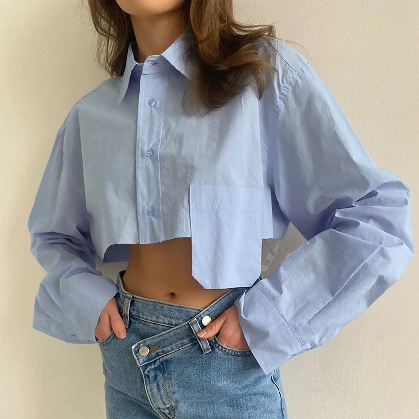 Camisa corta de otoño con costuras asimétricas, informal, con un diseño elegante y elegante, color blanco, para mujer.