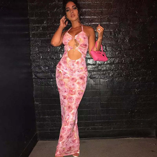 Vestido largo de verano sin mangas con estampado floral, encaje, costuras en forma de corazón, aberturas y cortes