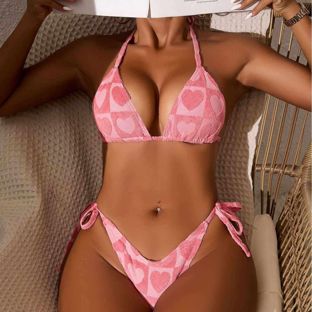 Traje de baño de tela de toalla con forma de corazón de melocotón dulce Bikini de bikini sexy dividido Traje de baño para mujer