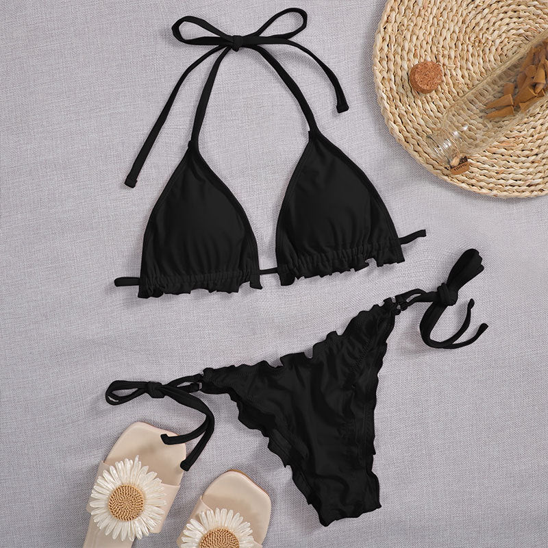 Bikini de triángulo dividido con cuello halter y cordones para mujer, traje de baño sexy de cintura alta