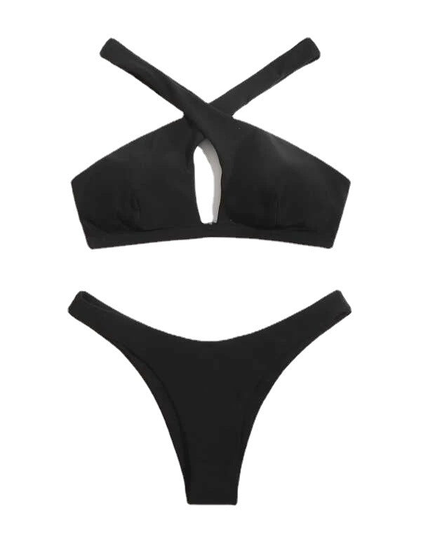 Traje de baño dividido sexy para mujer, bikini de color sólido, bikini de dos piezas, traje de baño halter cruzado para mujer