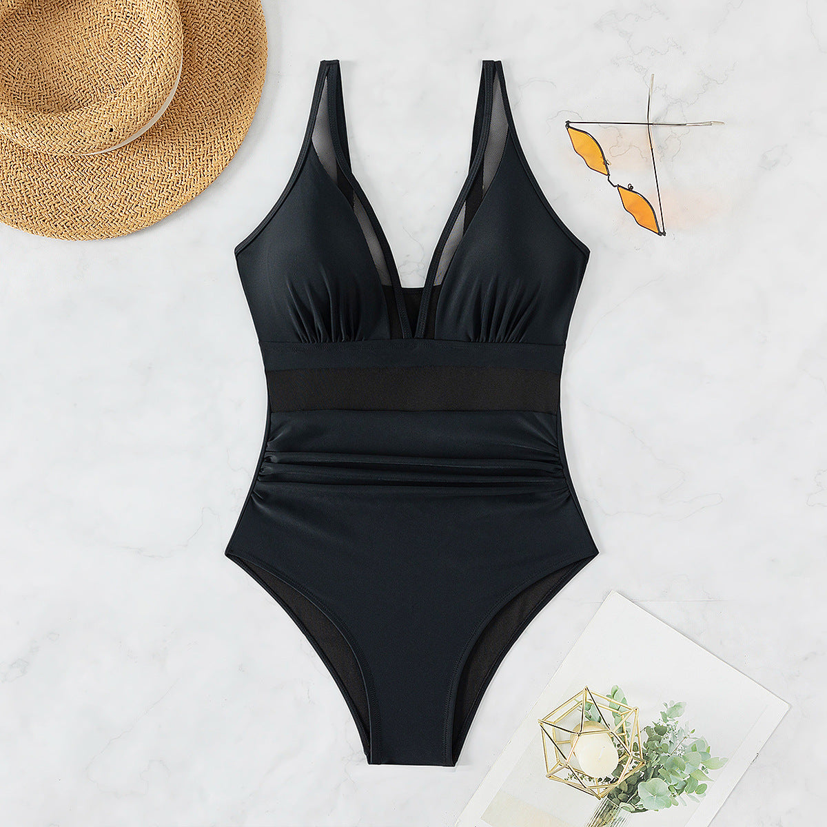 Bikini de malla de color sólido sin espalda, bikini sexy de una pieza, traje de baño