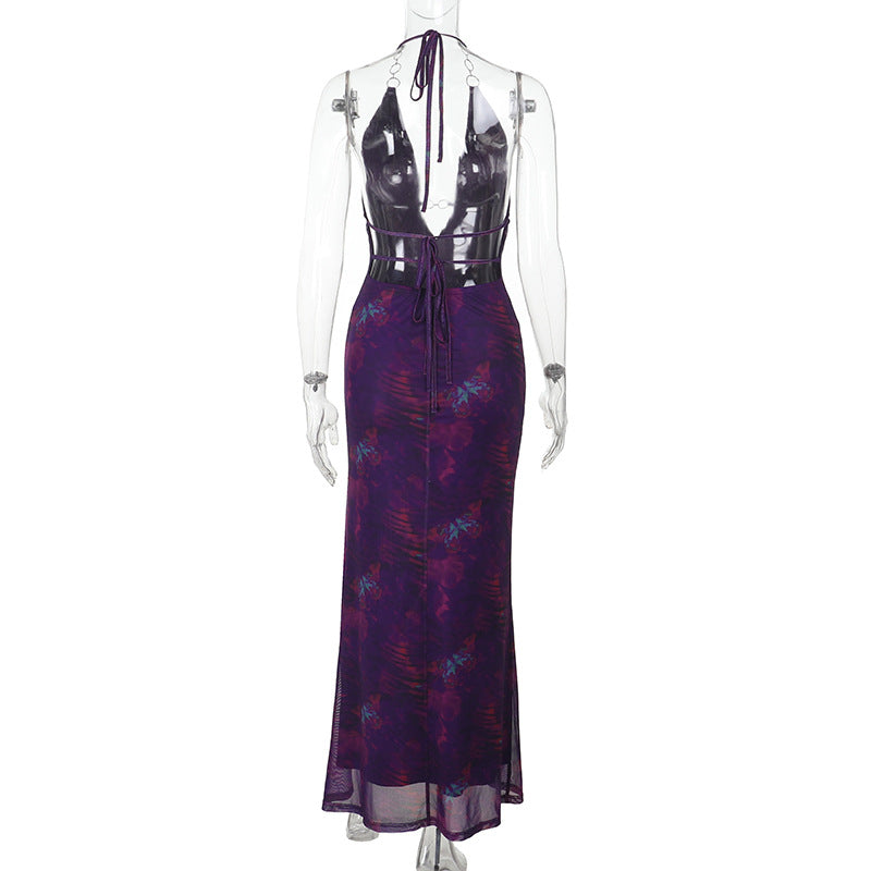 Women Clothing Chain Season Floral Print Slit Sexy V neck Small Backless Slim Fit Dress