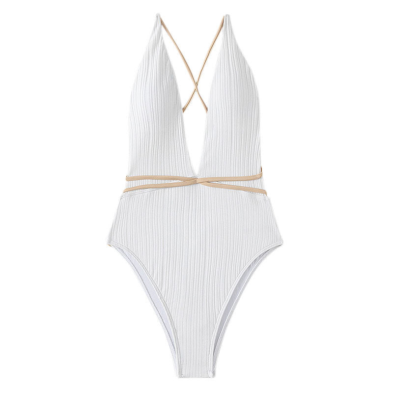 Maillot de bain une pièce à séchage rapide, couleur unie, col en V, dos nu, bikini, pour femmes